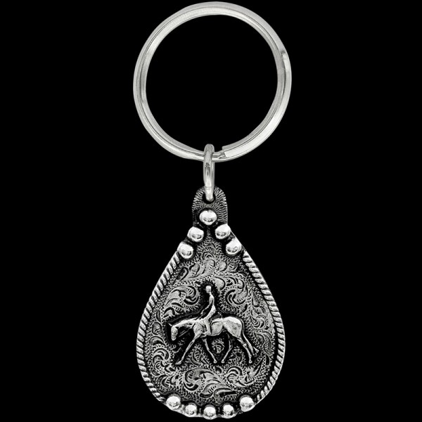 Praying Cowboy Keychain, The Praying Cowboy keychain includes a beaded border, a 3D kneeling cowboy figure, and a key ring attachment. Each silver key chain is built with our white